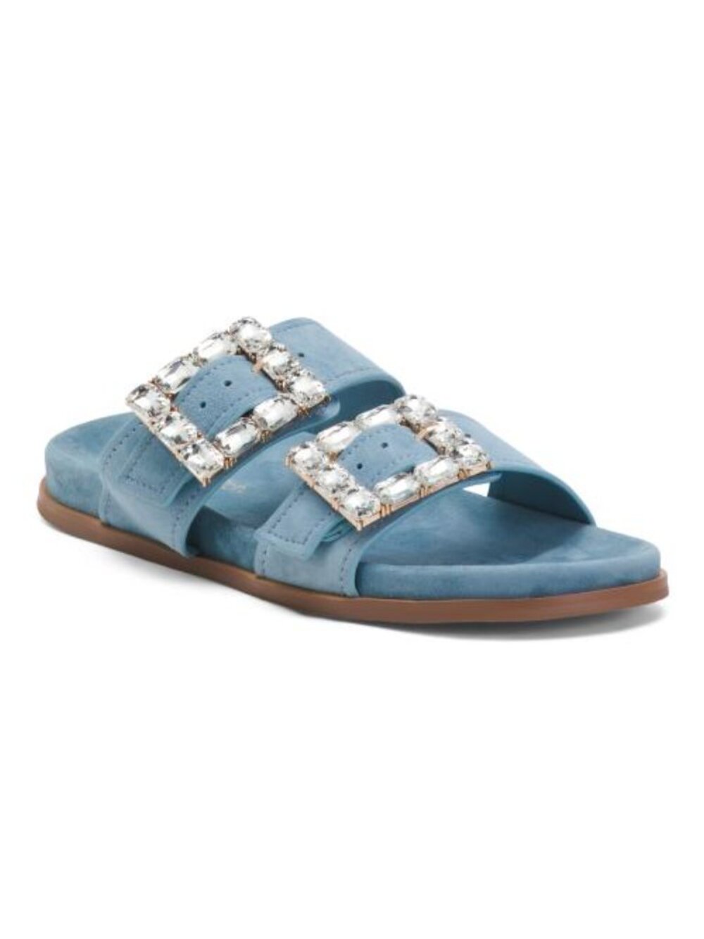 PEDRO ANTON Made In Spain Suede Footbed Flats With Jeweled Buckles